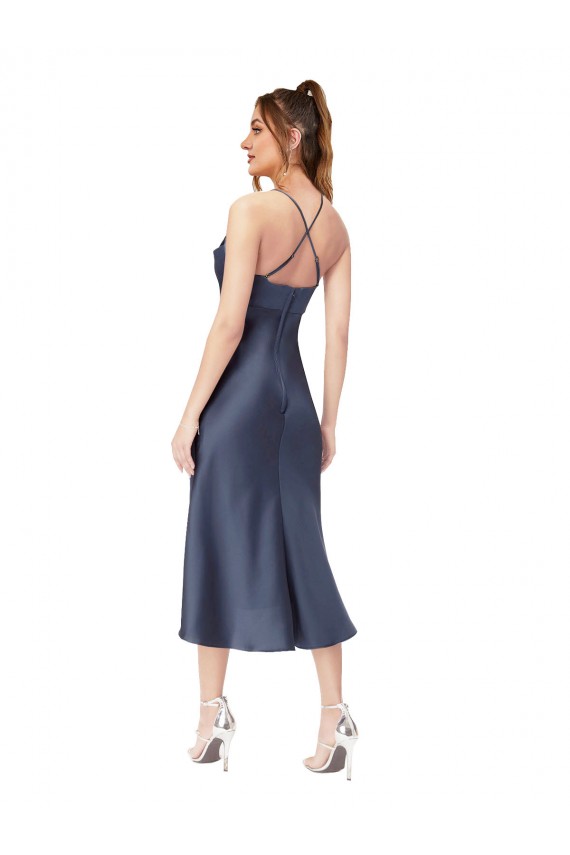 Midi Length Sleeveless Silky Satin Black Sheath High Low Evening Dress