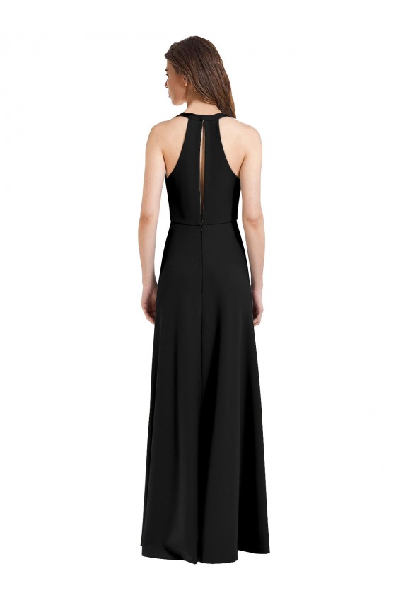 Long Sleeveless Stretch Crepe Black Halter Neck Sheath Formal Evening Dress
