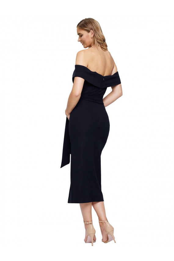 Midi Length Sleeveless Stretch Crepe Black Sheath Formal Evening Dress