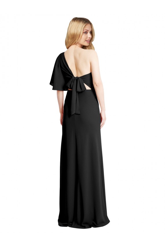 Long Flutter Sleeves Stretch Crepe Black Sheath Formal Evening Dress