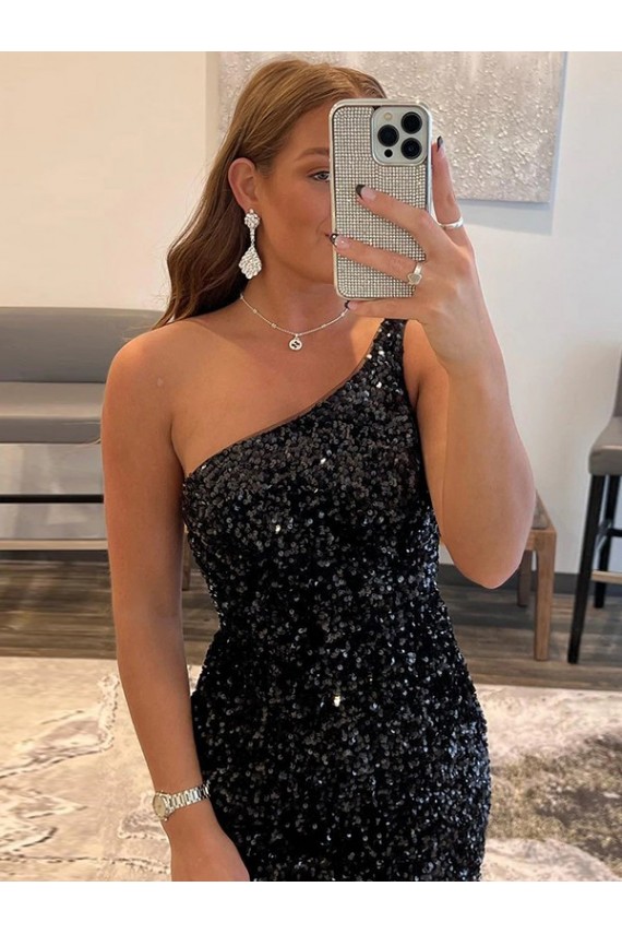 Short Sleeveless Velvet Sequin Black Sheath Evening Dress