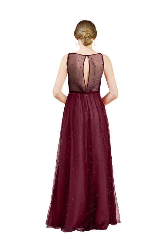 Long Sleeveless Tulle Burgundy Boat Neck A-Line Semi Formal Evening Dress