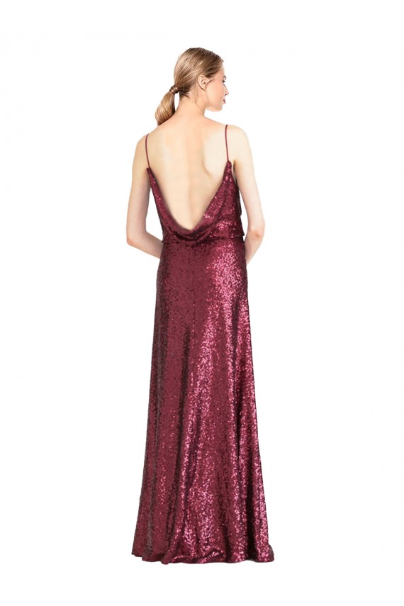 Long Sleeveless Sequin Burgundy A-Line Formal Evening Dress