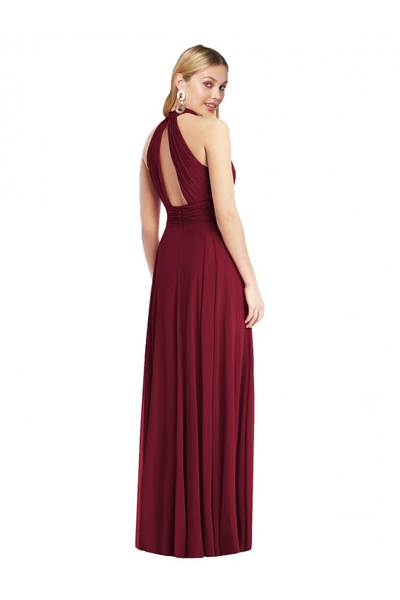 Long Sleeveless Soft Chiffon Burgundy Halter Neck A-Line Semi Formal Evening Dress