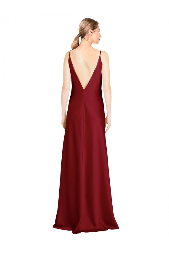 Long Sleeveless Stretch Satin Burgundy V-Neck A-Line Black Tie Evening Dress