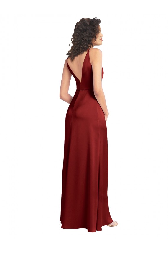 Long Sleeveless Stretch Satin Burgundy A-Line Formal Dress