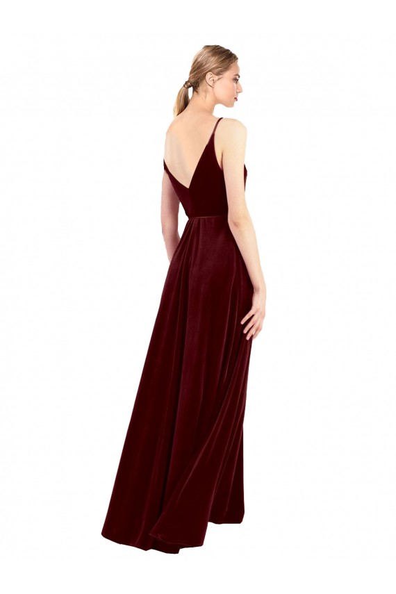Long Sleeveless Stretch Velvet Burgundy A-Line Evening Dress