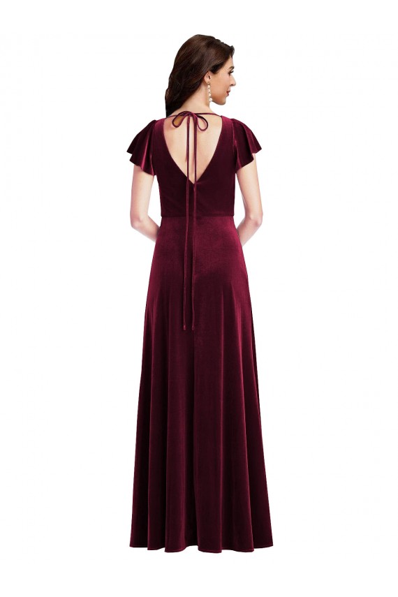 Long Flutter Sleeves Stretch Velvet Burgundy A-Line Semi Formal Evening Dress