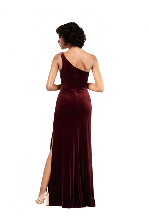 Long Sleeveless Stretch Velvet Burgundy Column Formal Evening Dress