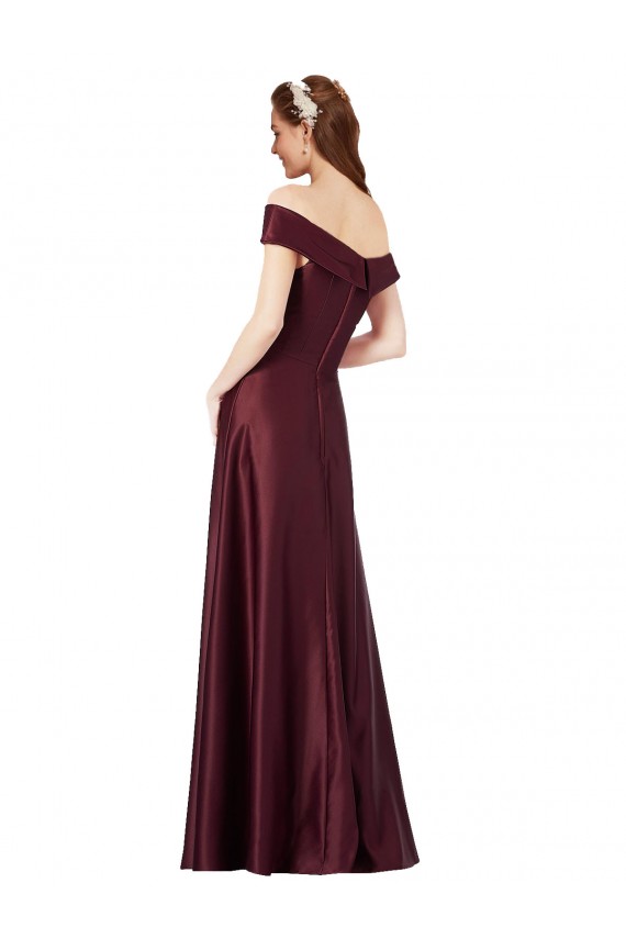 Long Cap Sleeves Satin Burgundy Gold A-Line Black Tie Evening Dress