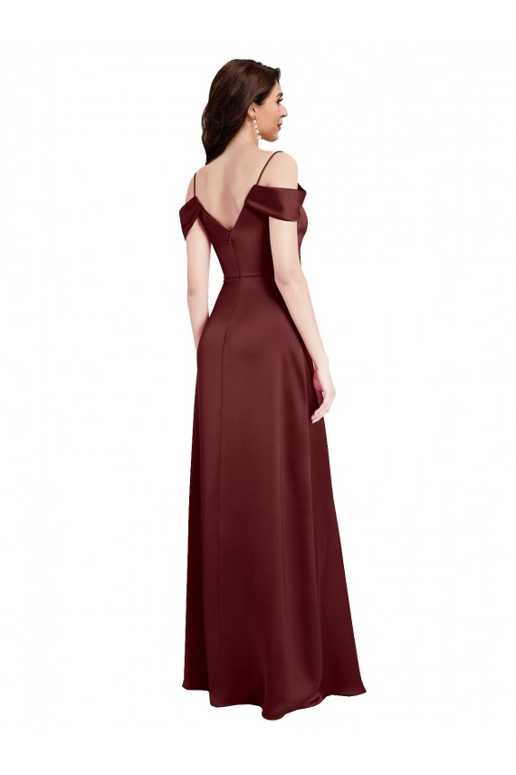 Long Sleeveless Stretch Satin Burgundy Gold A-Line Formal Dress