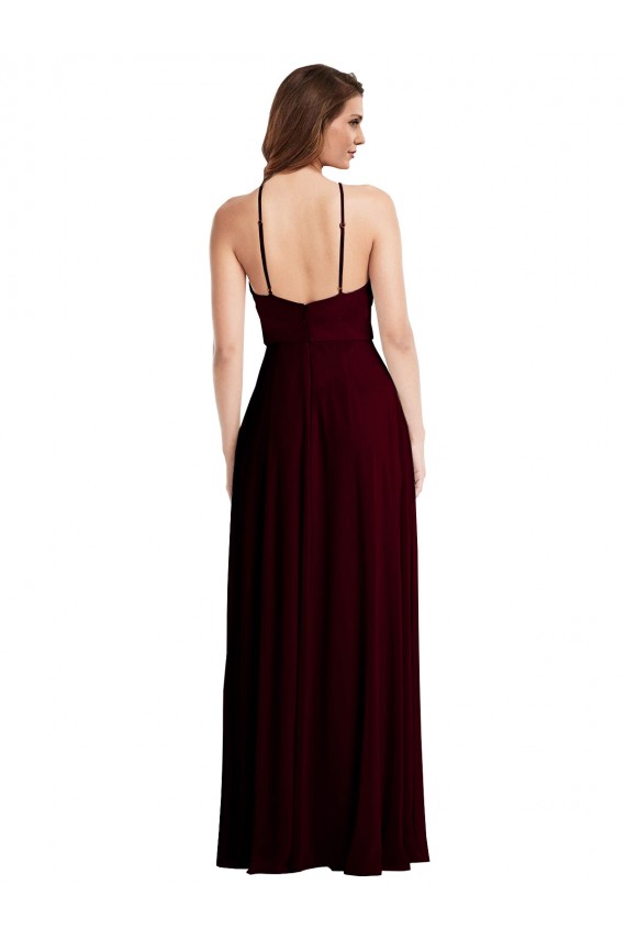 Long Sleeveless Soft Chiffon Burgundy Gold A-Line Semi Formal Evening Dress