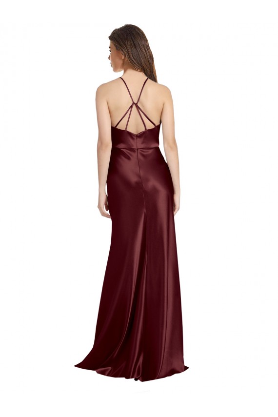 Long Sleeveless Stretch Satin Burgundy Gold A-Line Formal Evening Dress