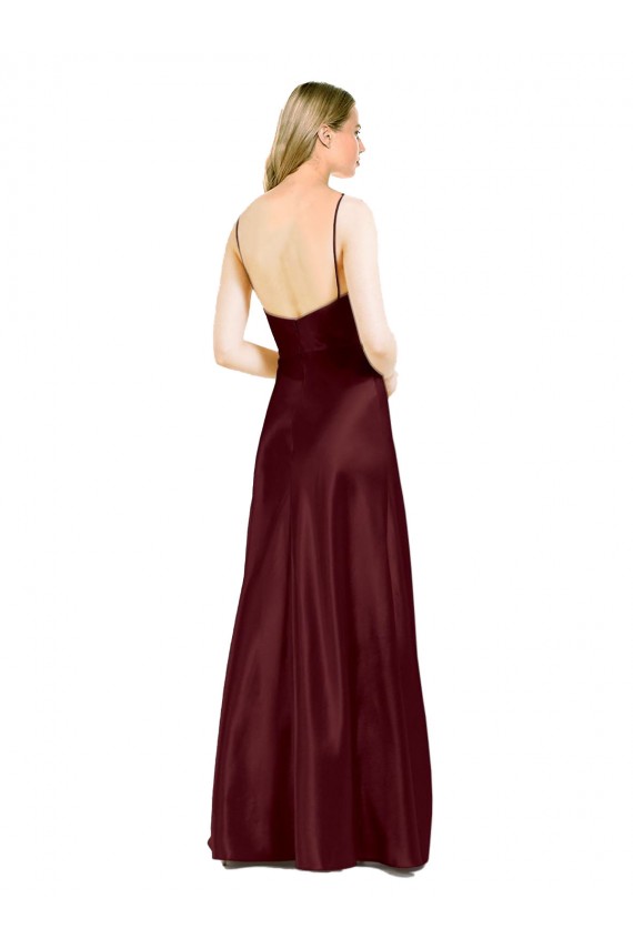 Long Sleeveless Stretch Satin Burgundy Gold A-Line Evening Dress