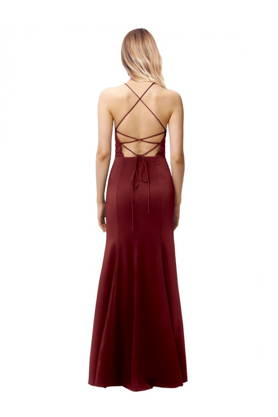 Long Sleeveless Stretch Crepe Burgundy Gold Mermaid Formal Evening Dress