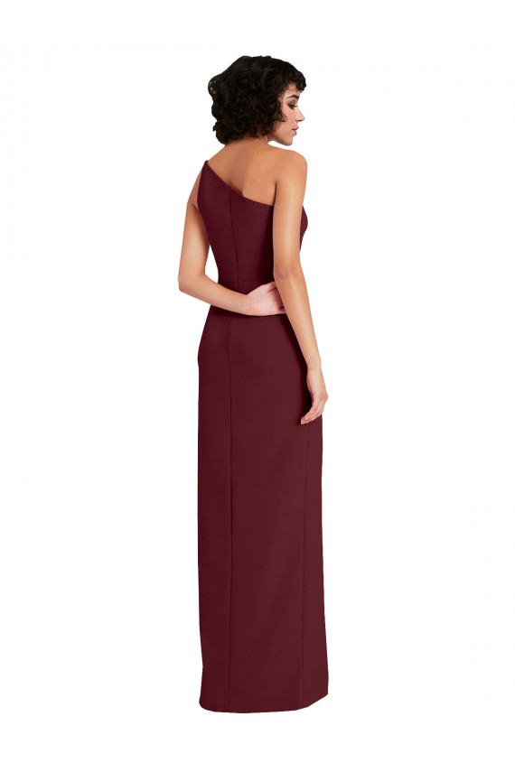 Long Sleeveless Stretch Crepe Burgundy Gold One Shoulder Sheath Formal Evening Dress