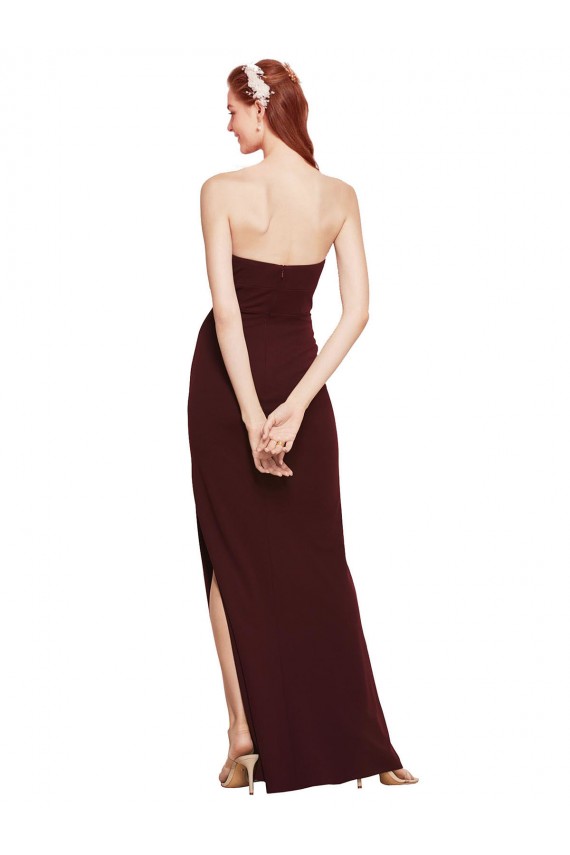 Long Sleeveless Stretch Crepe Burgundy Gold Strapless Sheath Formal Evening Dress