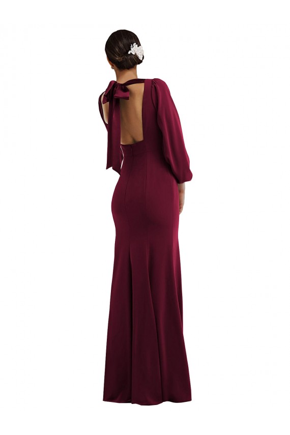 Long Long Sleeves Stretch Crepe Burgundy Gold Trumpet Formal Evening Dress