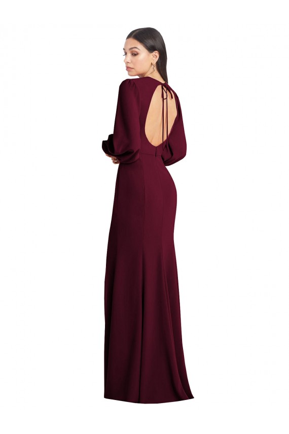 Long Puff Sleeves Stretch Crepe Burgundy Gold Trumpet Formal Dress