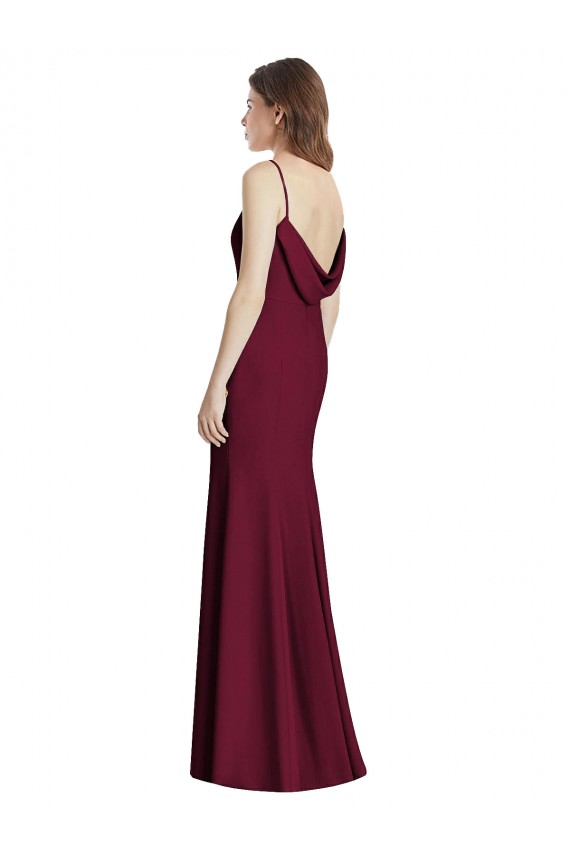 Long Sleeveless Stretch Crepe Burgundy Gold Trumpet Semi Formal Evening Dress