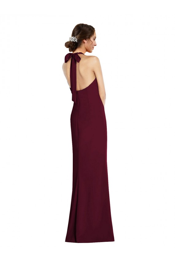 Long Sleeveless Stretch Crepe Burgundy Gold Halter Neck Trumpet Semi Formal Evening Dress
