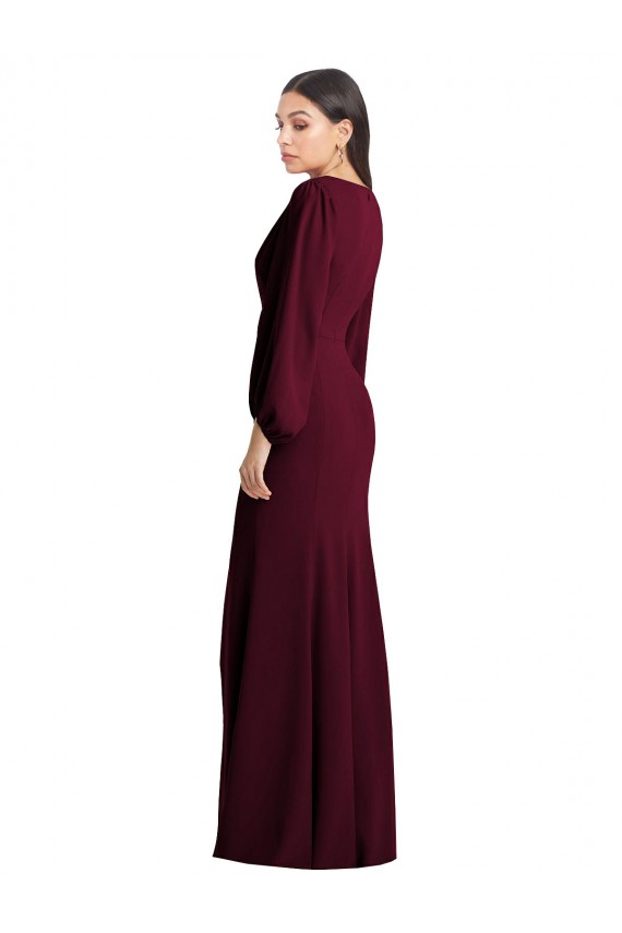 Long Puff Sleeves Stretch Crepe Burgundy Gold Trumpet Semi Formal Evening Dress