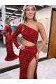 Sweep Train Long Sleeves Velvet Sequin Burgundy Mermaid Evening Dress