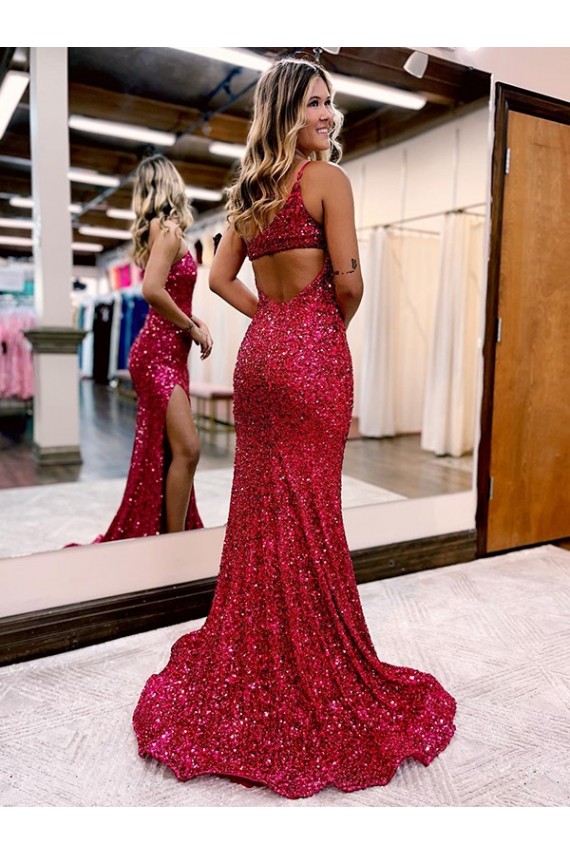 Sweep Train Sleeveless Velvet Sequin Burgundy Mermaid Evening Dress
