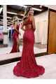 Sweep Train Sleeveless Velvet Sequin Burgundy Mermaid Evening Dress
