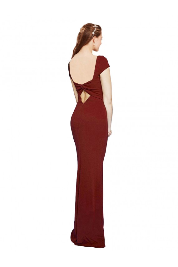Long Cap Sleeves Stretch Crepe Burgundy Mermaid Formal Evening Dress