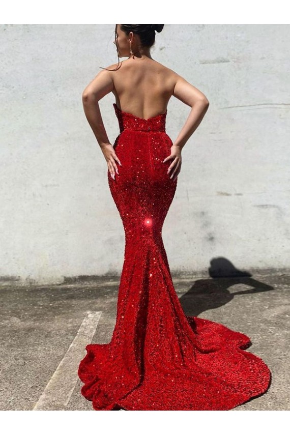Court Train Sleeveless Velvet Sequin Burgundy Mermaid Evening Dress