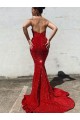 Court Train Sleeveless Velvet Sequin Burgundy Mermaid Evening Dress