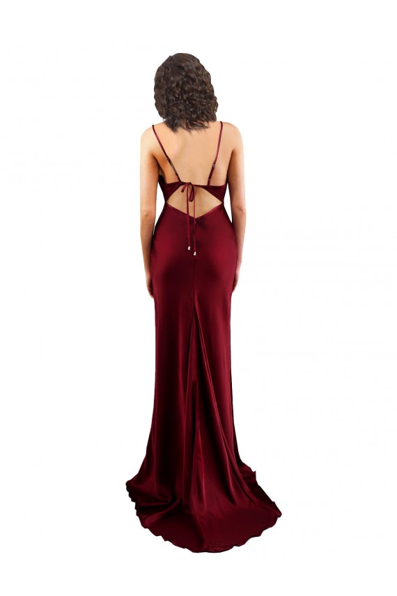 Long Sleeveless Silky Satin Burgundy Sheath Formal Evening Dress