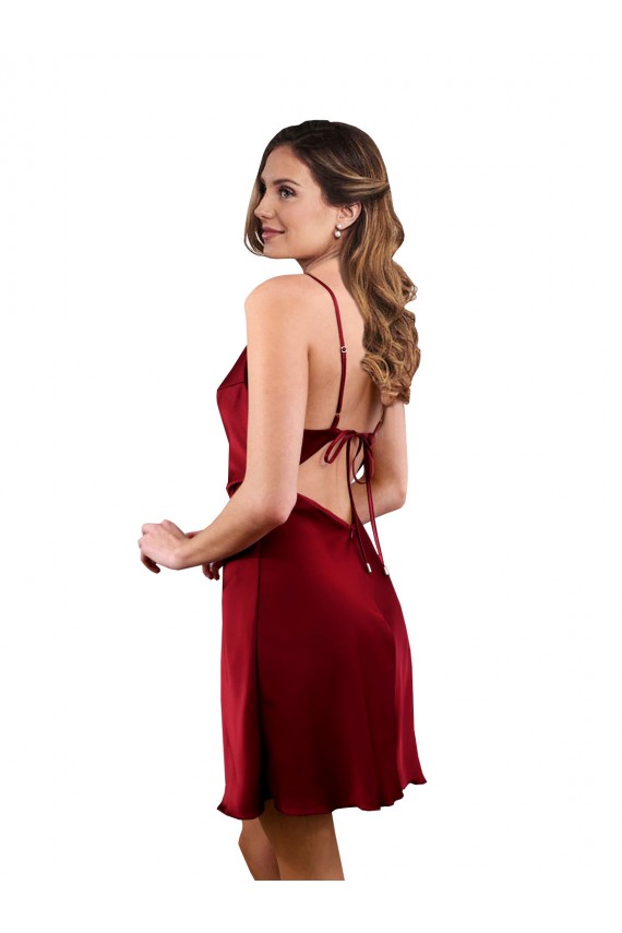 Midi Length Sleeveless Silky Satin Burgundy Sheath Formal Evening Dress