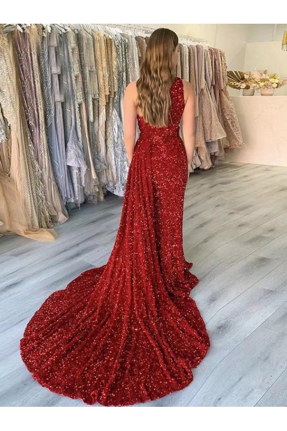 Court Train Sleeveless Velvet Sequin Burgundy Sheath Evening Gown