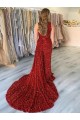 Court Train Sleeveless Velvet Sequin Burgundy Sheath Evening Gown