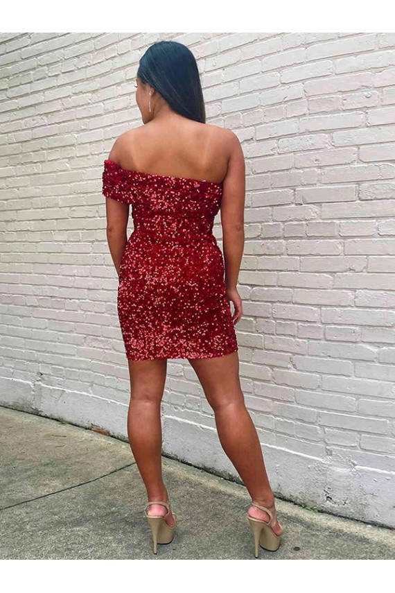 Short Sleeveless Velvet Sequin Burgundy Sheath Evening Dress