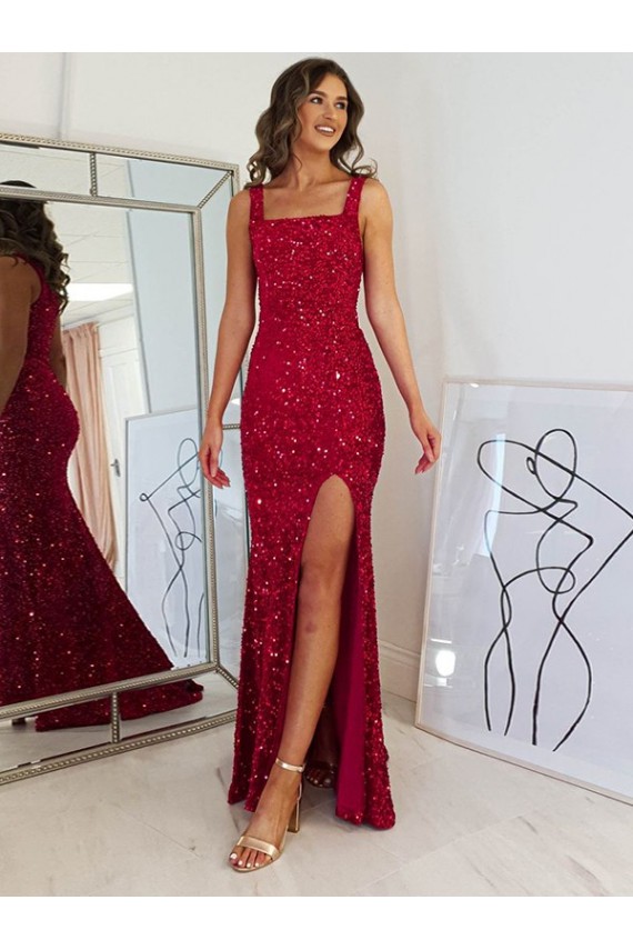 Long Sleeveless Velvet Sequin Burgundy Sheath Evening Gown