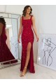 Long Sleeveless Velvet Sequin Burgundy Sheath Evening Gown