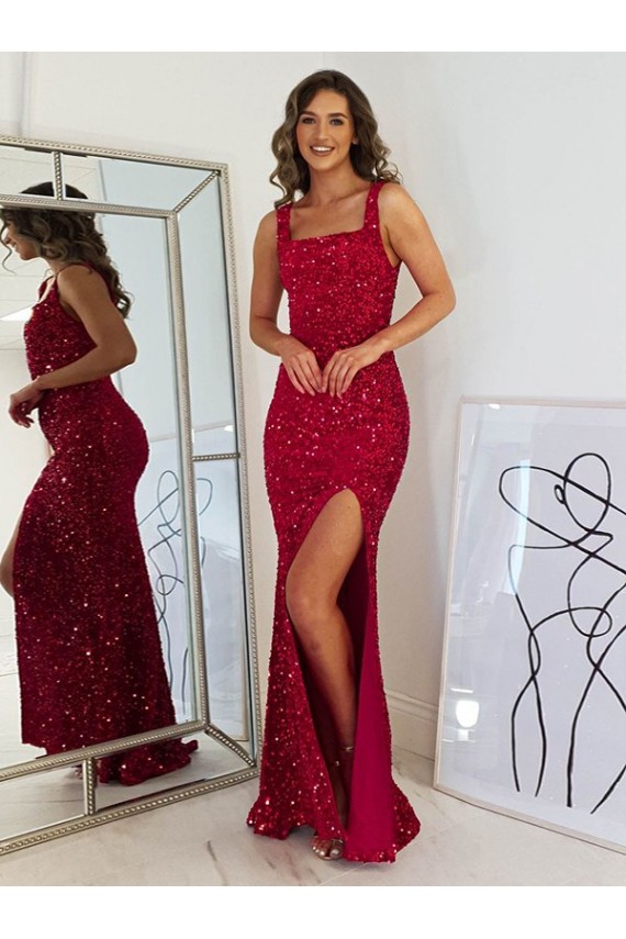 Long Sleeveless Velvet Sequin Burgundy Sheath Evening Gown
