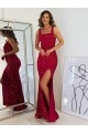 Long Sleeveless Velvet Sequin Burgundy Sheath Evening Gown