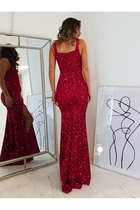 Long Sleeveless Velvet Sequin Burgundy Sheath Evening Gown