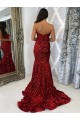 Court Train Sleeveless Velvet Sequin Burgundy Sheath Evening Dress