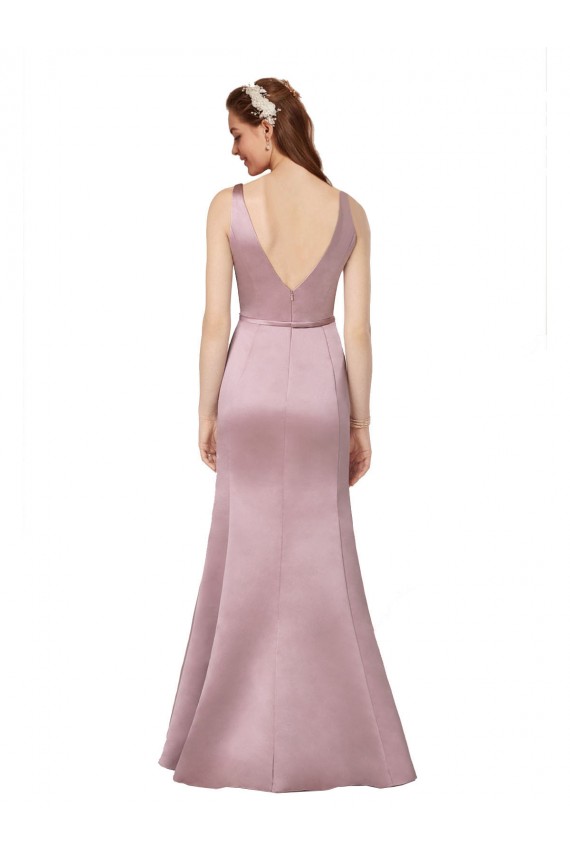 Long Sleeveless Satin Burgundy Sheath Formal Evening Dress