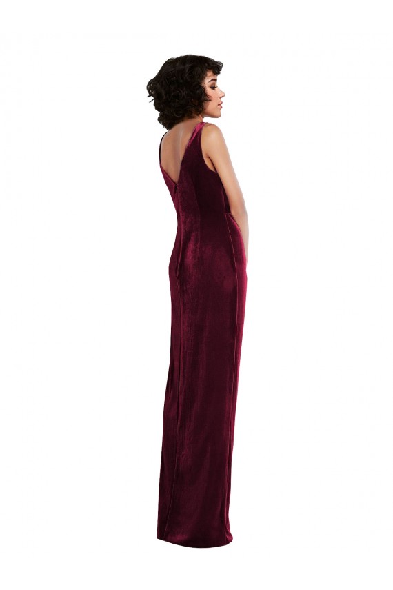 Long Sleeveless Stretch Velvet Burgundy Sheath Semi Formal Evening Dress