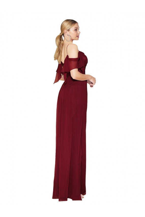 Long Cold Shoulder Soft Chiffon Burgundy Trumpet Formal Evening Dress