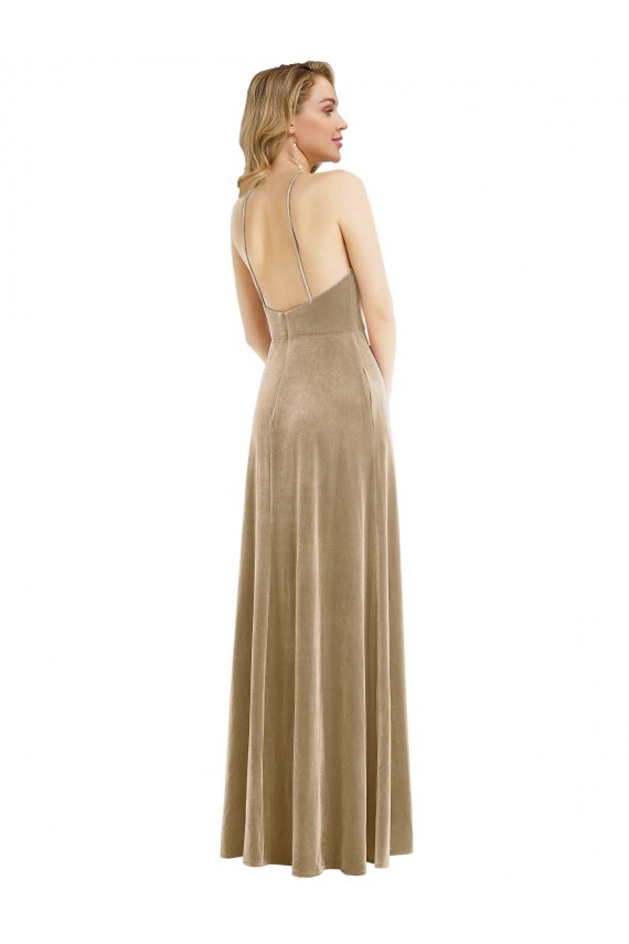 Long Sleeveless Stretch Velvet Champagne A-Line Semi Formal Evening Dress