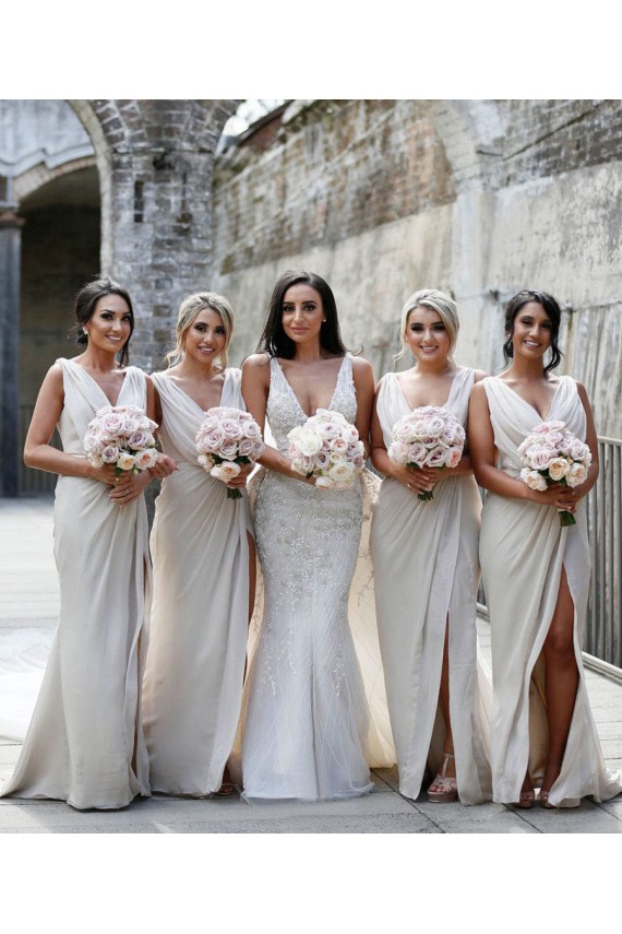 Long Sleeveless Soft Chiffon Champagne A-Line Evening Dress