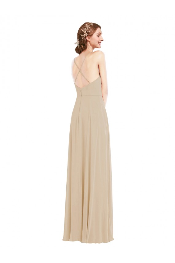 Long Sleeveless Soft Chiffon Champagne A-Line Semi Formal Evening Dress