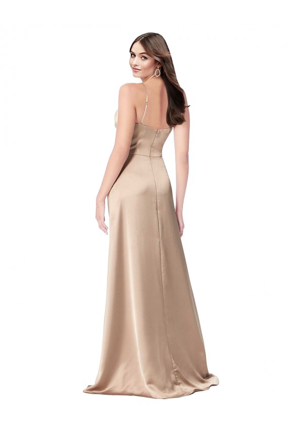 Long Sleeveless Silky Satin Champagne Pink A-Line Formal Evening Dress